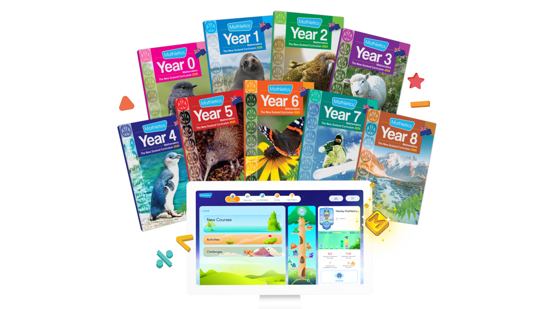 Mathletics student workbooks for Years 0 to 8 and the Mathletics online learning platform, written for the New Zealand Curriculum