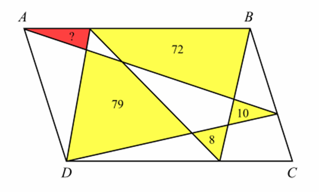 A parallelogram ABCD, with different triangles in it shaded yellow and red